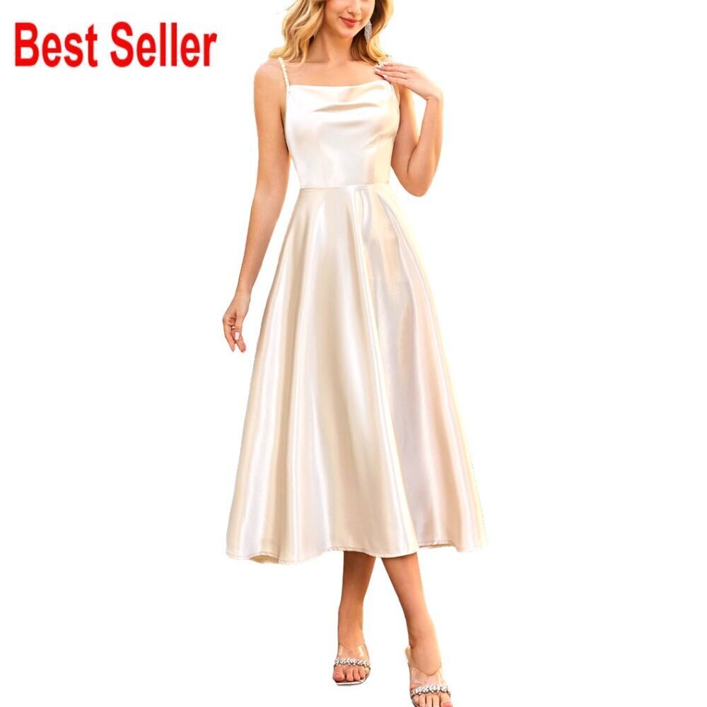 Satin Slip Dress Cowl Neck Backless Midi Adjustable Straps Formal